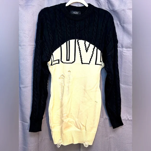AKIRA Black and Cream LOVE Knit Sweater Dress - Picture 1 of 7